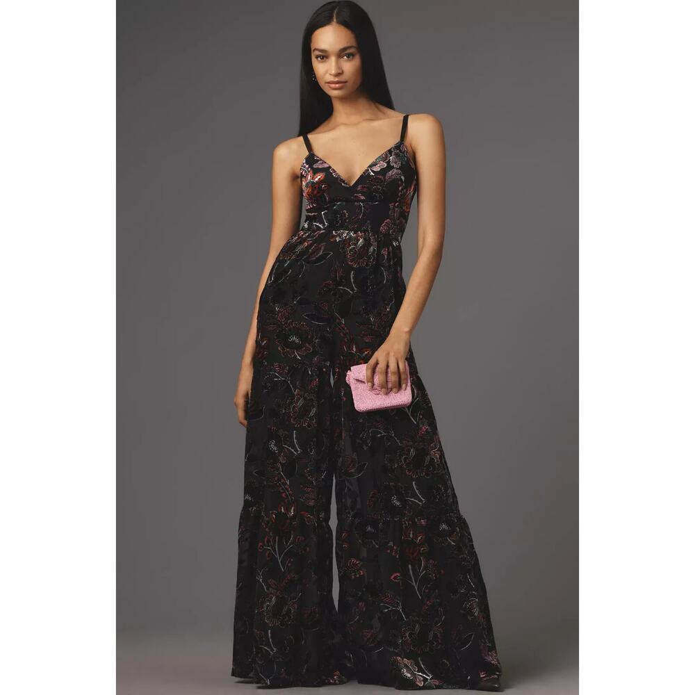 NWT Anthropologie Hutch Tiered Velvet Floral Wide Leg Jumpsuit Size 4 #8G534